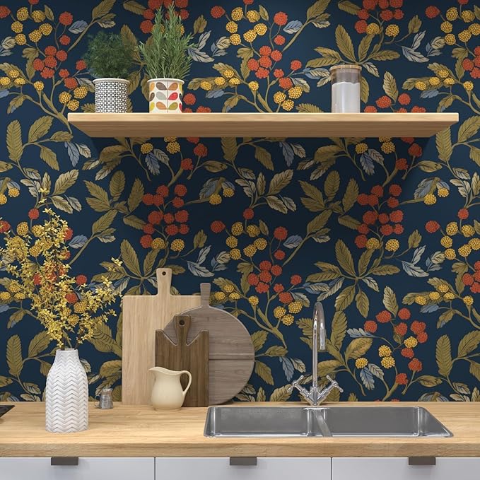 Vintage Wallpaper Peel and Stick, Navy Blue Floral Contact Paper 17.5" x 393.7", Dark Leaf Botanical Wall Paper Self Adhesive Waterproof Removable for Room Shelves Cabinet Drawer Table Decor