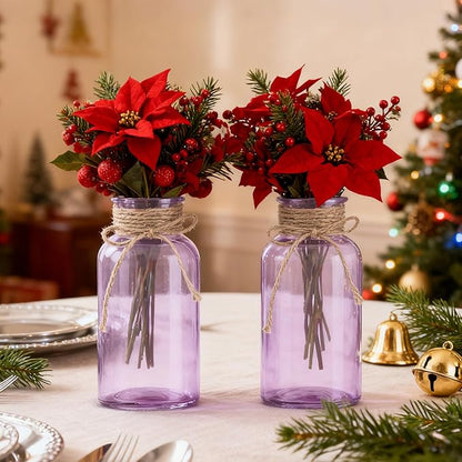 Vintage Glass Flower Vase，12 Pack Farmhouse Purple Glass Centerpiece Vases Mason Jars for Weddings, Parties & Home Decor Bulk (12, Purple)