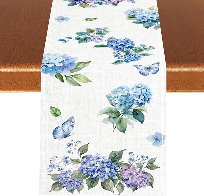 Blue Floral Table Runner, Spring Summer Watercolor Hydrangea Flower Butterfly Country Farmhouse Coffee Table Center Decor for Home Kitchen Dining Patio Holiday Party Table Decorations 13x72 inches