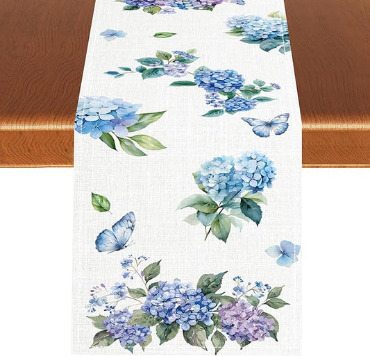 Blue Floral Table Runner, Spring Summer Watercolor Hydrangea Flower Butterfly Country Farmhouse Coffee Table Center Decor for Home Kitchen Dining Patio Holiday Party Table Decorations 13x90 inches