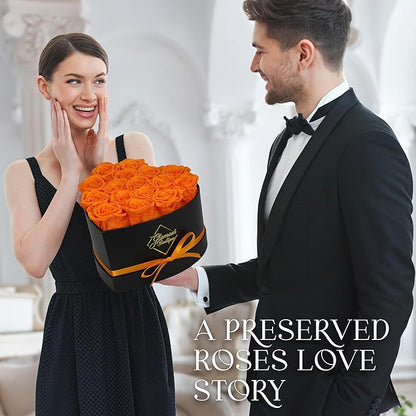 GLAMOUR BOUTIQUE 16 Flower Forever Heart Shape Box - Preserved Roses Gift for Her, Preserved Flowers, Orange