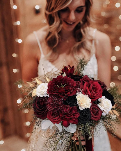 Roses Artificial Flowers Burgundy Fake Flower Bulk with Stems for DIY Wedding Bouquet Bridal Baby Shower Centerpiece Table Decorations Silk Faux Floral Arrangements Party Home Decor Red Black