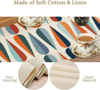 Mid Century Modern Table Runner Retro Blue Orange Grey Water Droplets Geometric Table Runner for Kitchen Dining Room Dining Table Decoration 13x70in