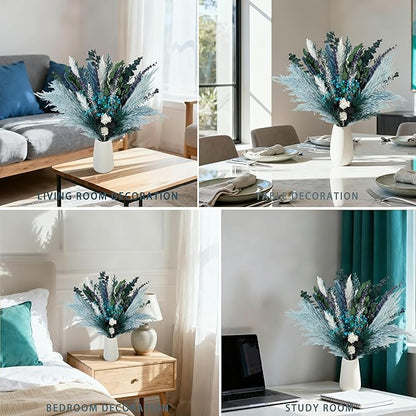 Natural Dried Flower Bouquet, 17” Blue Pampas and Eucalyptus Arrangement with Lavender and Turquoise Accents, Rustic Boho Floral Decor for Living Room, Bedroom, or Gift