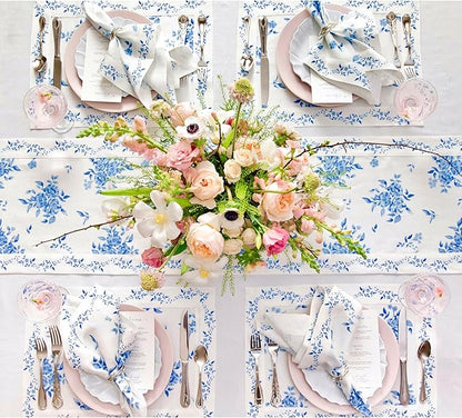 Solino Home Blue Floral Print Table Runner 48 inch - 100% Pure Linen Table Runner 14 x 48 Inch - Handcrafted and Machine Washable - Jolie Fleur Print