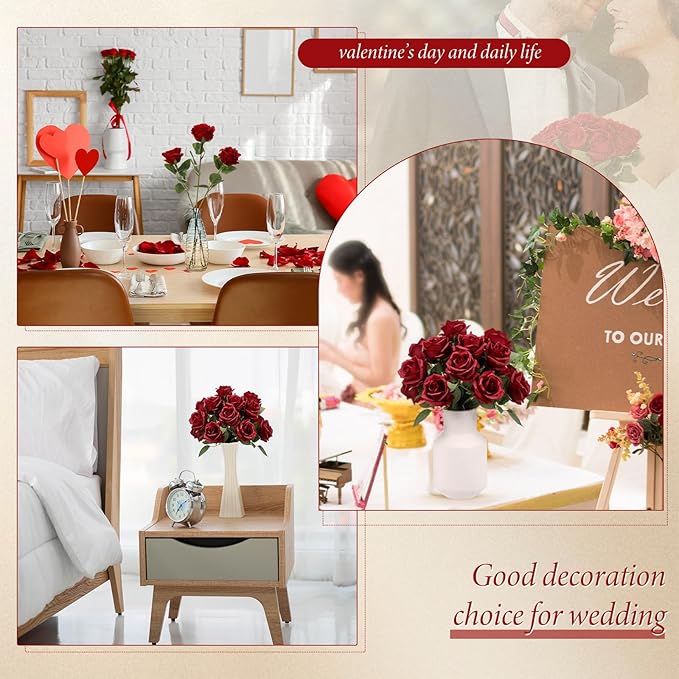 Hotop 40 Pcs Rose Artificial Flowers Bulk with Long Stem,Realistic Silk Fake Roses Bouquet for Home Wedding Centerpieces Party Table Decoration Valentines Gifts(Wine Red)