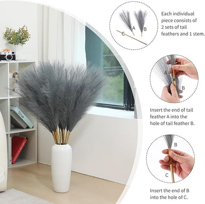9 Stems Grey Pampas Grass - 38 Inch Tall Faux Pompous Grass Bulk, Large Artificial Pompas Floral for Vase Filler, Wedding Flower Arrangement and Home Decor (Grey)