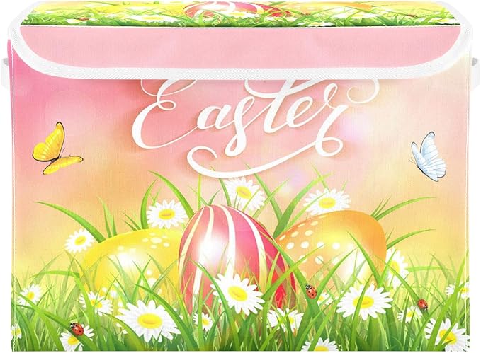 senya Easter Storage Baskets Collapsible Storage Bins with Lids, Happy Easter Eggs and Butterfly Storage Boxes Clothes Baskets for Organizing