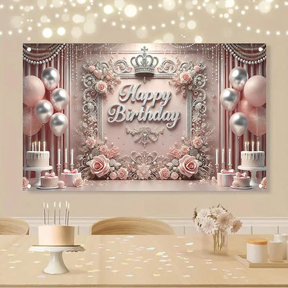 Starlit Patio Elegant Pink Happy Birthday Banner Backdrop Princess Girls Party Decorations Photography Backgrounds Crown Roses Balloons Cake Table Photo Booth Props 71 x 43 inch