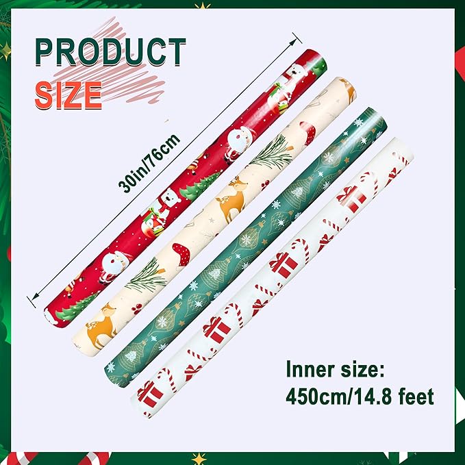 4 Rolls Christmas Wrapping Paper, 30 Inch x 14.8 Feet per Roll, Totaling 148 sq. ft. – Ornaments, Santa, Reindeer & Gift Box Designs, Eco-Friendly & Durable Coated Paper Gift Wrap for Christmas Presents & Holiday Decor