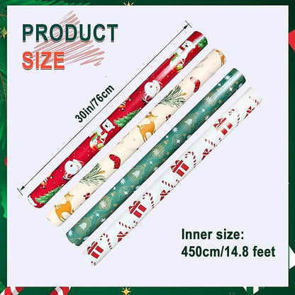4 Rolls Christmas Wrapping Paper, 30 Inch x 14.8 Feet per Roll, Totaling 148 sq. ft. – Ornaments, Santa, Reindeer & Gift Box Designs, Eco-Friendly & Durable Coated Paper Gift Wrap for Christmas Presents & Holiday Decor