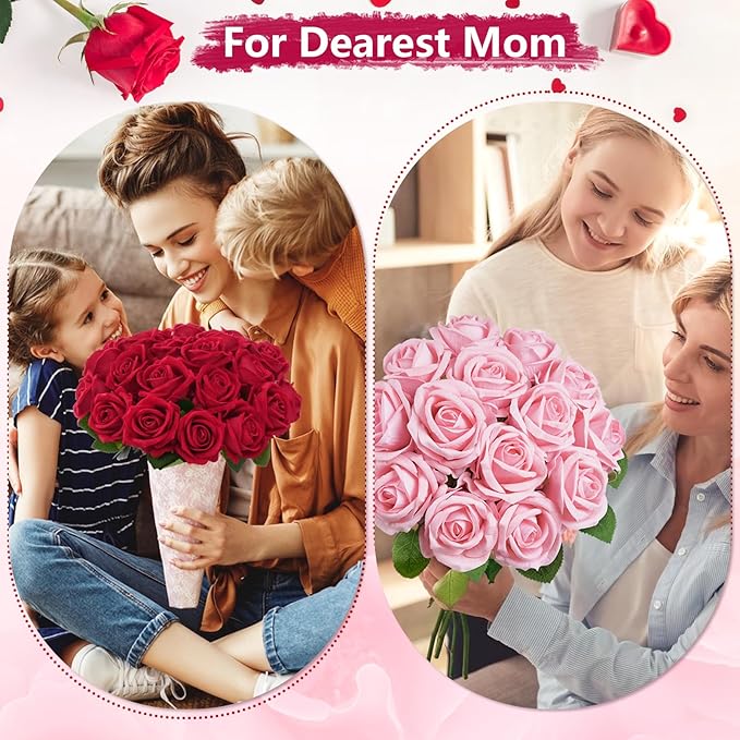 BLEUM CADE 100 Pcs Red Roses Artificial Flowers, Real Touch Velvet Roses Fake Flowers Bulk, Artificial Roses Bouquet with Long Stems Bridal DIY Wedding Party Centerpiece Decorations