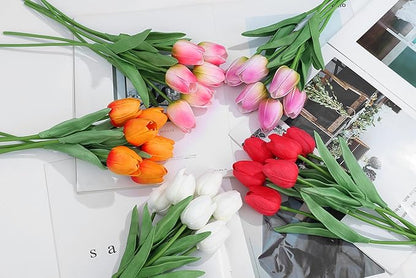 20pcs Tulips Artificial Flowers for Real Touch Fake Tulips Slik Faux Flowers for Summer Wedding Bouquet Mother's Day Decor (5 Color 14 Inches)