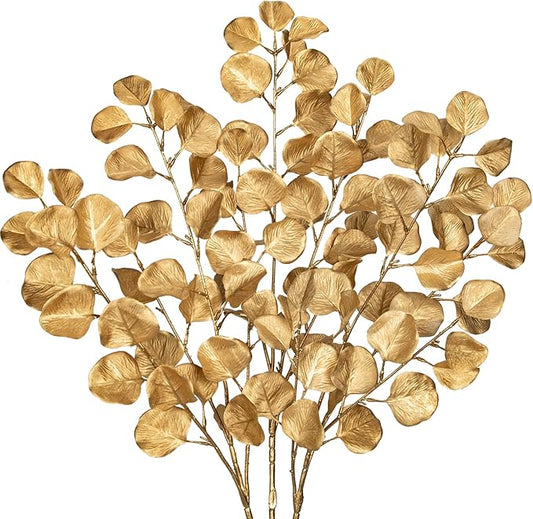 Hollyone 32” Christmas Tree Picks and Sprays 3Pcs Gold Artificial Eucalyptus Stems Eucalyptus Leaves Branches Fake Gold Leaf Floral for Vase DIY Xmas Tree Garland Wreath Centerpieces Wedding Decor