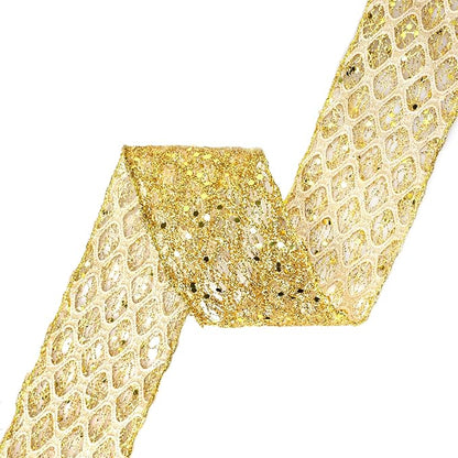 VATIN 2-1/2" Gold Christmas Ribbon, Gold Glitter Mesh Diamond Web Sequin Dots Wired Christmas Ribbon for Gift Wrapping Bow Making Wreath Supply-10 Yards