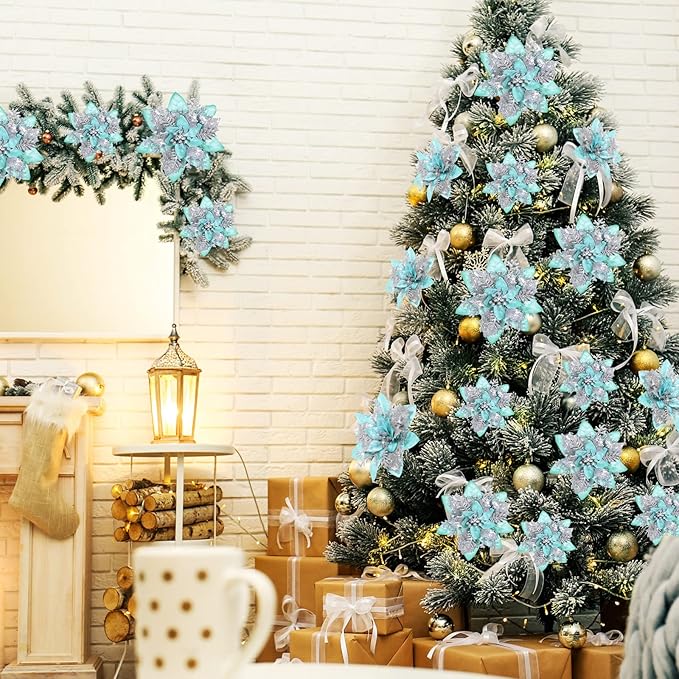 36 Pcs Christmas Glitter Artificial Poinsettia Flowers Xmas Poinsettia Artificial Wedding Flowers Decorations Xmas Tree Ornaments with Clips for Party, 6 Inch, 4 Inch, 3 Inch(Silver and Green)