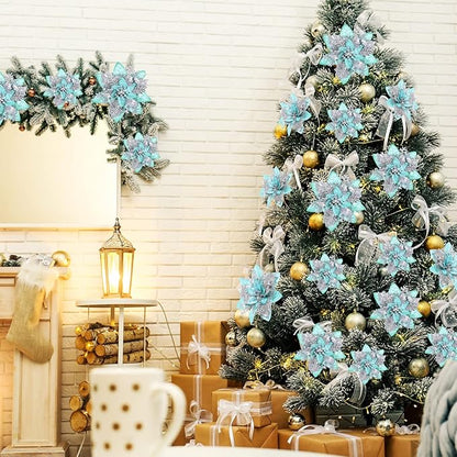 36 Pcs Christmas Glitter Artificial Poinsettia Flowers Xmas Poinsettia Artificial Wedding Flowers Decorations Xmas Tree Ornaments with Clips for Party, 6 Inch, 4 Inch, 3 Inch(Silver and Green)