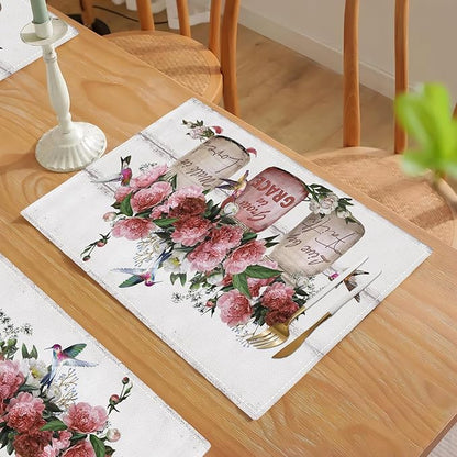 Rose Flower Placemats Set of 6 Farmhouse Peony Floral Table Mats Washable Place mats for Home Party Indoor Kitchen Dining Table Decoration 12x18 Inch
