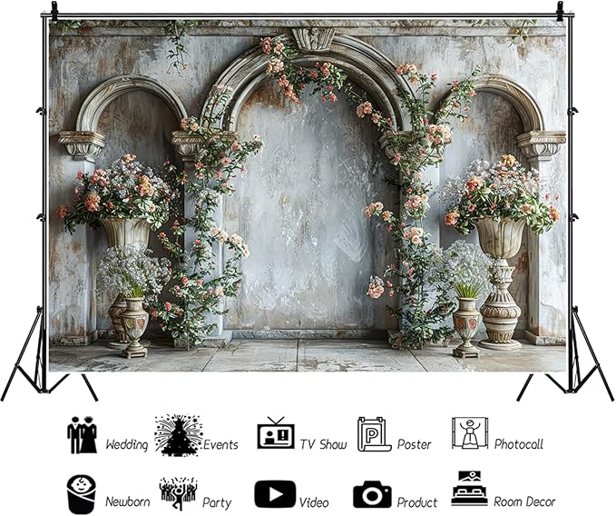 Baocicco 7x5ft Flower Castle Wall Photography Background Vintage Arch European Palace Victoria Wall Backdrop Women Themed Party Birthday Decorations Bridal Shower Ceremony Engagement Photoshoot