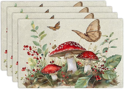 Mushroom Botanical Placemats Set of 4 Mushroom Plants Leaves Butterfly Place Mats Botanic Waterproof Washable Table Mats Kitchen Dining Decoration 4 PCS