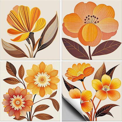 CHGCRAFT 36 Pcs 4 Style Wall Stickers Orange Flowers Peel and Stick Wall Tile Sticker Art Flowers Waterproof Self Adhesive Stick on Tile Decals for Kitchen Bathroom Art Decor, 4×4 Inch