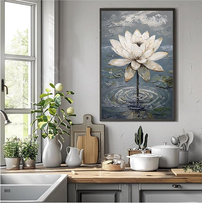 Stunning white lotus emerges from prismatic water with delicate petals background Serene aquatic wall art suitable for modern minimalist decor 16x24in Metal blackFramed