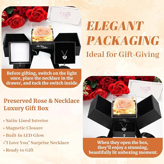 FIACO Gifts for Women Preserved Real Roses with I Love You Necklace Fresh Forever Flowers Birthday Gifts for Mom Grandma Wife Girlfriend on Anniversary Christmas Valentines Romantic Gift