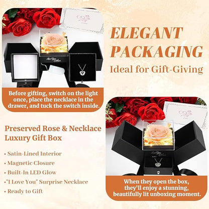 FIACO Gifts for Women Preserved Real Roses with I Love You Necklace Fresh Forever Flowers Birthday Gifts for Mom Grandma Wife Girlfriend on Anniversary Christmas Valentines Romantic Gift