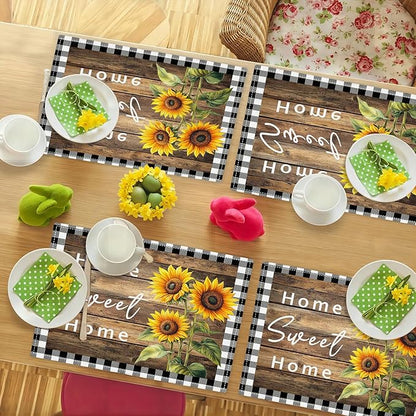 Farmhouse Sunflower Placemats Set of 6, Home Sweet Home Place Mats, Rustic Dining Table Mats, Washable Placemats for Kitchen Dining Room Home Decor 18L'' × 12W''