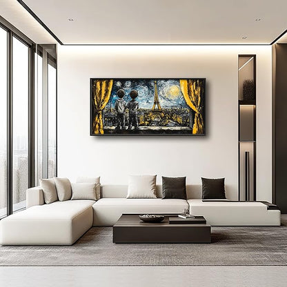 Graffiti Banksy Large Wall Art Inspirational Eiffel Tower Pictures Wall Decor Above Over Bed Canvas Prints Painting Framed Artwork Decoration For Bedroom Living Room 60"x30"