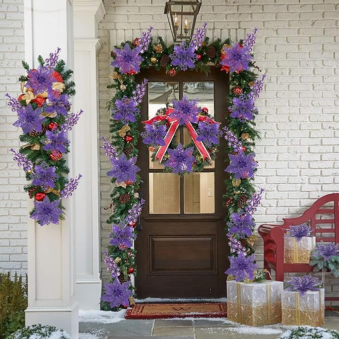 22Pcs Christmas Poinsettia Artificial Flowers and Glitter Berries Stems Kit, 16Pcs Glitter Christmas Tree Flowers Ornaments and 6 Pack Christmas Tree Picks for Wedding Xmas Holiday Decorations(Purple)