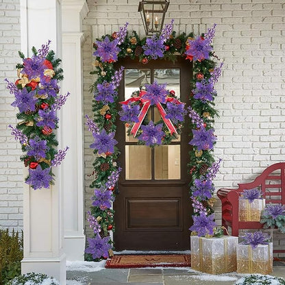 22Pcs Christmas Poinsettia Artificial Flowers and Glitter Berries Stems Kit, 16Pcs Glitter Christmas Tree Flowers Ornaments and 6 Pack Christmas Tree Picks for Wedding Xmas Holiday Decorations(Purple)