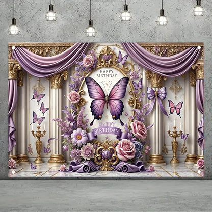 Floral Birthday Backdrop Banner for Girls Spring Butterfly Happy Birthday Photography Background Pink Flower Blossom Plant Pastel Lovely Princess Banner Photo Booth Studio 70.8 x 43.3 Inch
