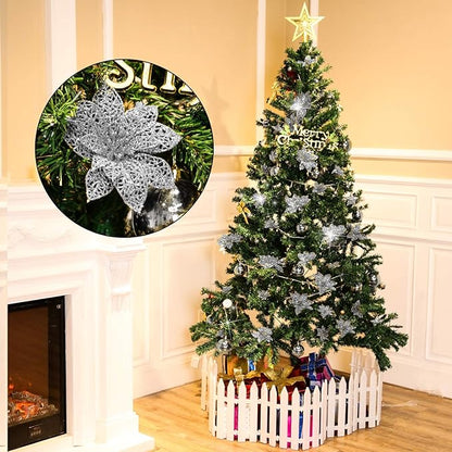 Boao Silver 24 Pieces Poinsettia Flower Christmas Glitter Artificial Poinsettia with Clips Christmas Tree Ornament Decorations for DIY Xmas Wreath Holiday Home Party Decor, 3/4/6 Inches