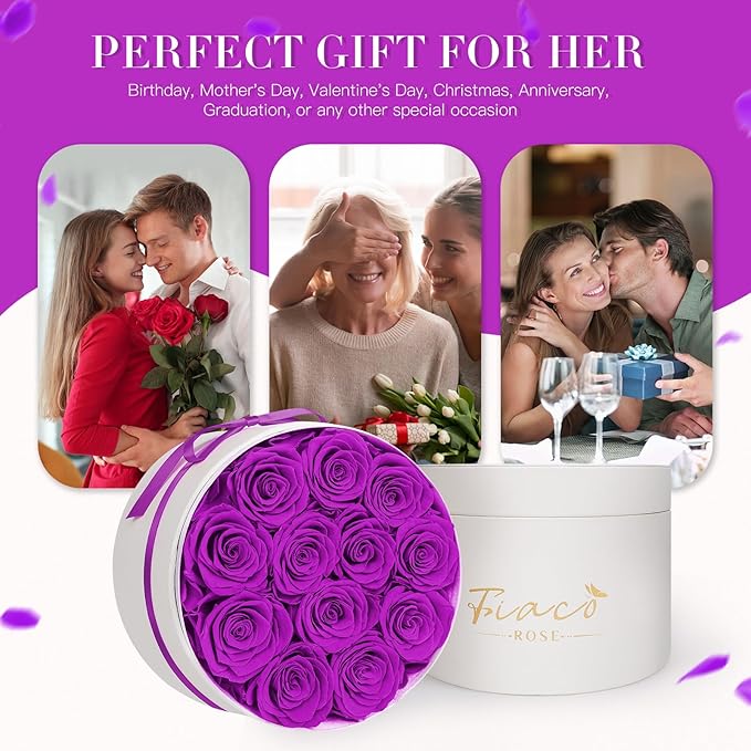 FIACO Gifts for Women Preserved Flowers in a Box-12 Forever Real Rose Flowers for Delivery Prime Birthday Gifts for Mom Grandma Wife Girlfriend Sister Fresh Flowers Eternal Rose Purple