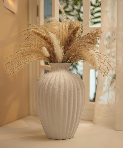 Handmade Ceramic Decorative Vase – Warm White Rustic Textured 10.4” Round Vase with Irregular Waves and Weathered Stone Finish for Home, Office, Farmhouse Decor
