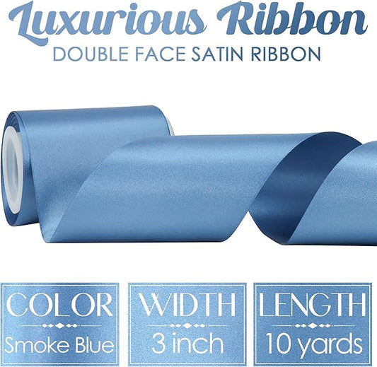 MEEDEE Smoke Blue Satin Ribbon Lux Double Faced Satin Ribbon 3 Inch Dusty Blue Ribbons by 10 Yards Smoke Blue Ribbons for Crafts, Christmas Tree, Flower Bouquet, Weddings, Bow Making
