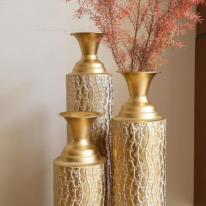 Floor Oversized Gold Metal Decorative Vase with 3D Triangle Pattern Set of 3 Large Vases for Home Living Room 33.5 ", 29.5 ", 25.2" High (Matte Gold)