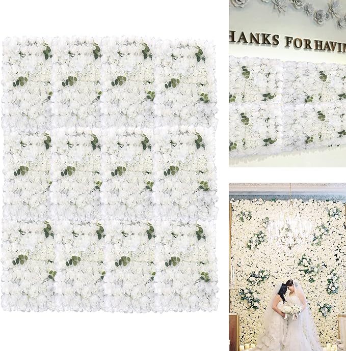 LOYALHEARTDY 12 Pack Artificial Flower Wall Panels 24" x 16" Wall Backdrop Faux Hydrangea and Rose Flower Backdrop Panels for Decor Wedding Party Event Decoration