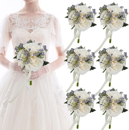 Meldel 6.5 Inch Ivory Bridesmaid Bouquet, Set of 6, Purple Wedding Bouquets for Bridesmaids, Small White Bridesmaids Bouquets