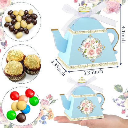 Jetec 100 Pcs Teapot Candy Box Floral Flower Tea Party Favor Gift Box Candy Boxes for Tea Garden Wedding Favors Bridal Showers Brunches Birthdays Decorations(Blue)