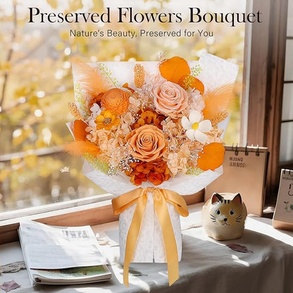Preserved Flowers Bouquet - Forever Flowers for Delivery, Eternal Roses Bouquet That Last 3 Years, Flower Gifts for Women Mother Mom Girlfriend Wife Anniversary Birthday Present for Her, Light Orange