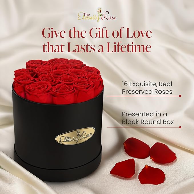 The Eternity Rose 16-Piece Preserved Roses in a Luxury Gift Box – Real Roses in Black Round Box – A Valentine’s Gift as Everlasting as Your Love