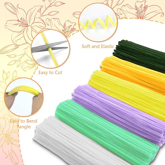 400 Pcs Pipe Cleaners Craft,6 Assorted Colors Pipe Cleaners Bulk, Chenille Stems for DIY Flower Making Kit with Floral Wires, Gardening Tape,Stamen& Ribbon (Yellow)