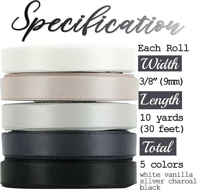 HUIHUANG Black White Silver Ribbon 3/8" Satin Ribbon Assorted 5 Colors Double Face Solid Color Ribbon for Holiday Day Gift Wrapping DIY Bow DIY Crafts, 10 Yard Each Total, 50 Yds Per Package