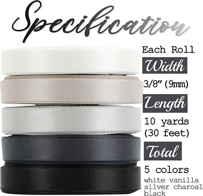 HUIHUANG Black White Silver Ribbon 3/8" Satin Ribbon Assorted 5 Colors Double Face Solid Color Ribbon for Holiday Day Gift Wrapping DIY Bow DIY Crafts, 10 Yard Each Total, 50 Yds Per Package