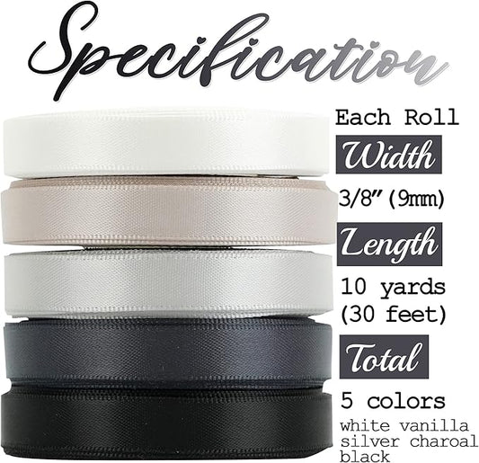 HUIHUANG Black White Silver Ribbon 3/8" Satin Ribbon Assorted 5 Colors Double Face Solid Color Ribbon for Holiday Day Gift Wrapping DIY Bow DIY Crafts, 10 Yard Each Total, 50 Yds Per Package