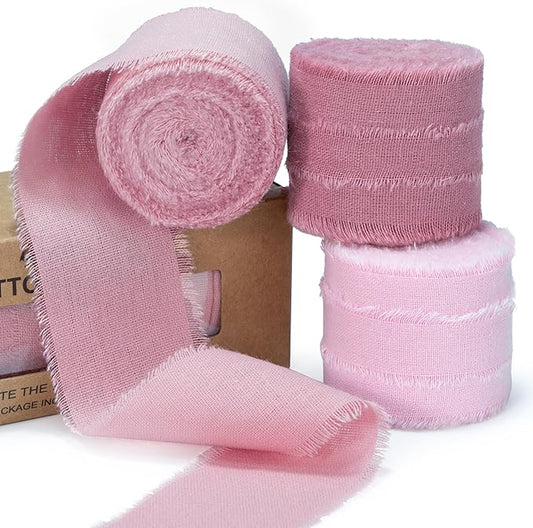 Dusty Rose Pink Ribbon 1-1/2 x 15 Yards Handmade Cotton Frayed Fringe Fabric Ribbons for Crafts Flower Bouquets Wedding Baby Shower Home DIY Decor