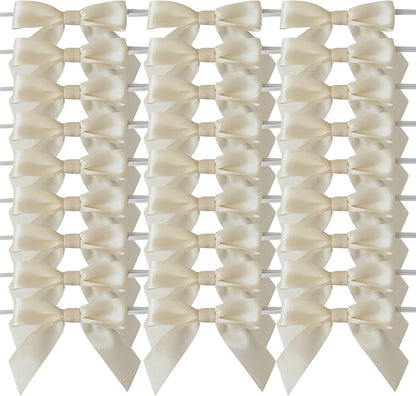 50pcs 3-1/2" Mini Satin Ribbon Bows with Twist Ties for Crafts Cream Color for Gift Wrapping Packing Holiday Candy Decoration (3.5"-Ivory)