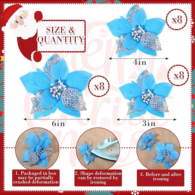 Boao 24 Pieces Christmas Artificial Glitter Poinsettia Flowers Xmas Flowers Wedding Christmas Tree New Year Ornaments(Lake Blue)
